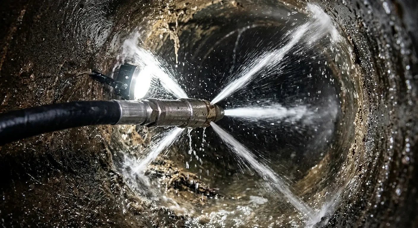 High-pressure hydro jetting nozzle cleaning sewer pipe for Sewer Cleanout in Simpsonville