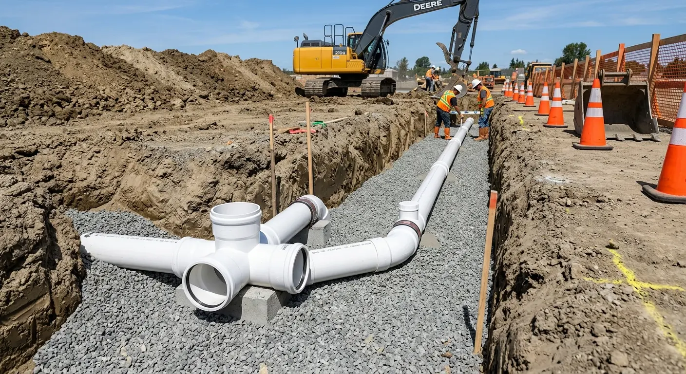 New PVC sewer pipe installation in open trench for Sewer Backup in Simpsonville